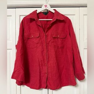 Lauren Ralph Lauren Red 100% Linen Button Up Shirt Long roll-tab sleeve Relaxed